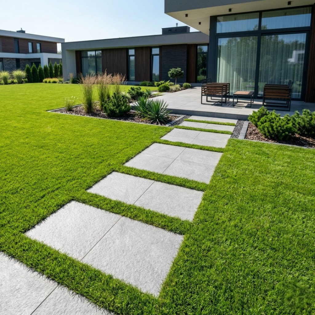 Aménagement de jardin minéral et végétal avec un cheminement de pas japonais en carrelage gris sur une pelouse verte.