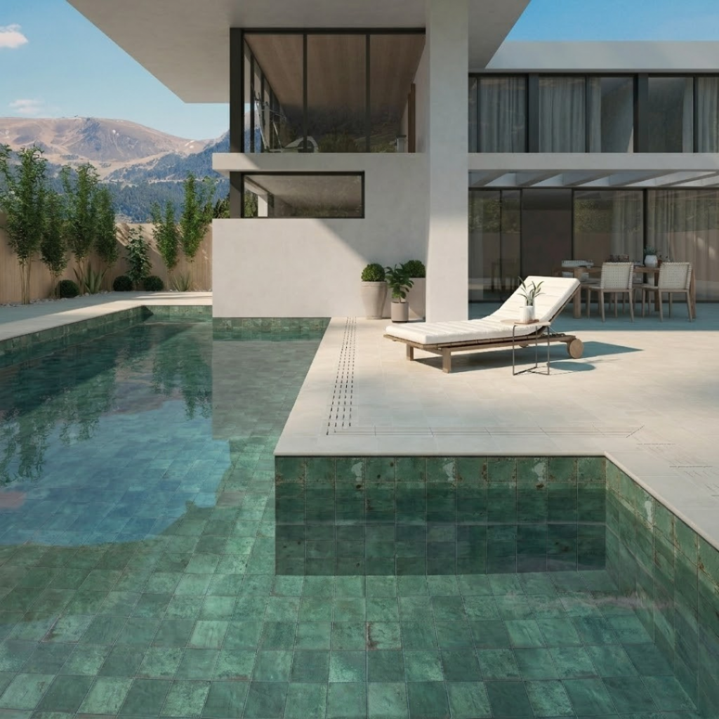 Piscine revêtues d'un carrelage imitation pierre de Bali en grès cérame résistant pour un rendu impeccable.