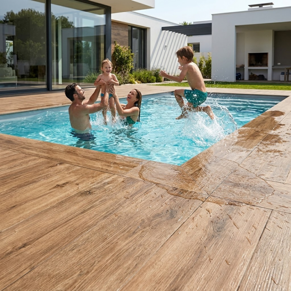 Carrelage aspect bois antidérapant R11 posé au bord d'une piscine ensoleillée.