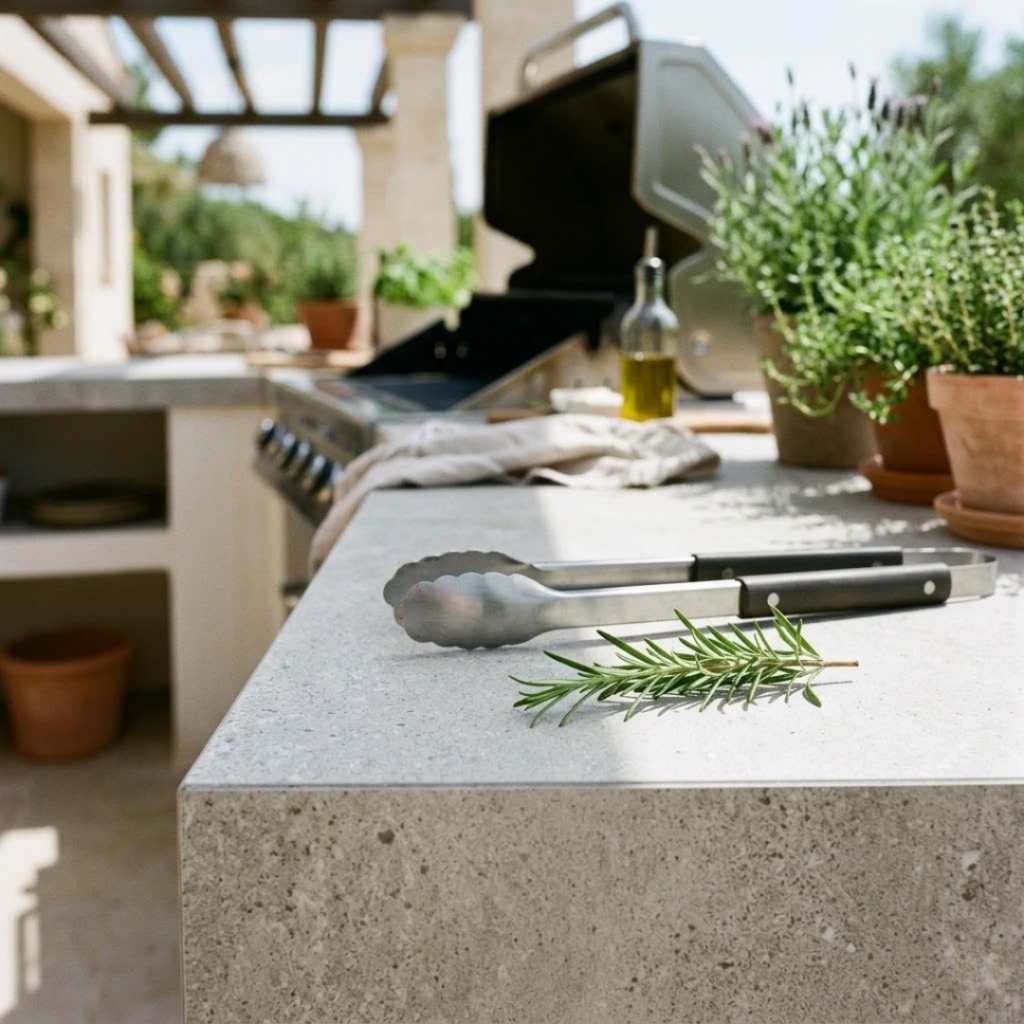 Gros plan sur un carrelage extérieur résistant aux taches et intempéries pour une cuisine d'été robuste.