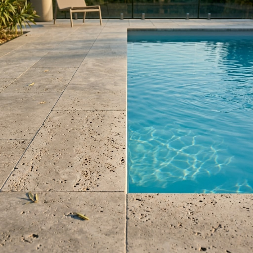Continuité visuelle terrasse piscine avec un revêtement en pierre naturelle beige unifié entre le bord et la plage.