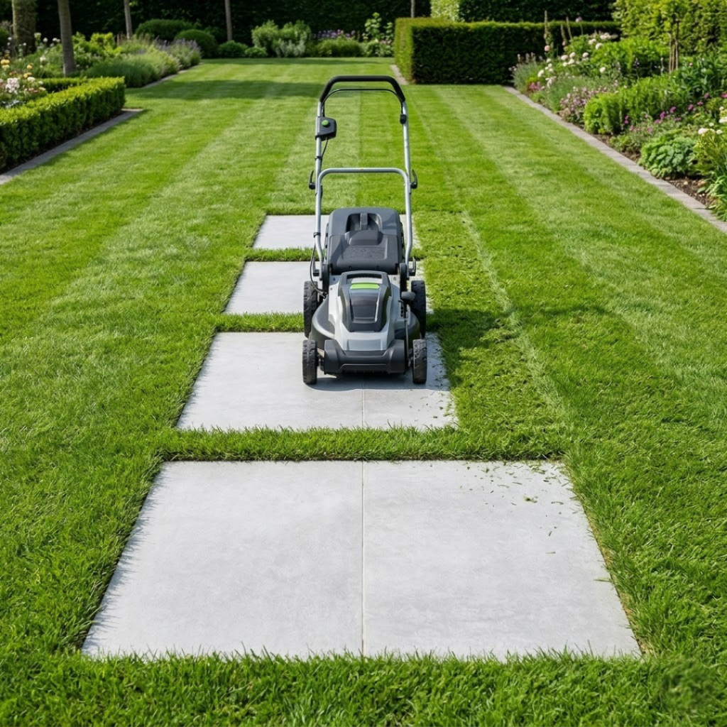 Passage d'une tondeuse au-dessus d'une dalle de carrelage extérieur sur pelouse bien ajustée.