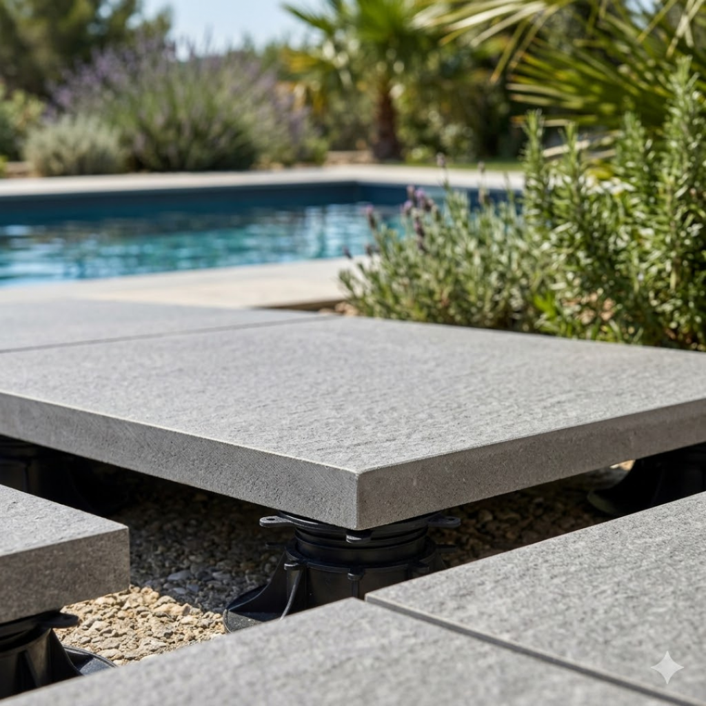 Gros plan sur l'épaisseur de 20 mm d'un carrelage extérieur en grès cérame, idéal pour une terrasse de piscine durable et résistante.