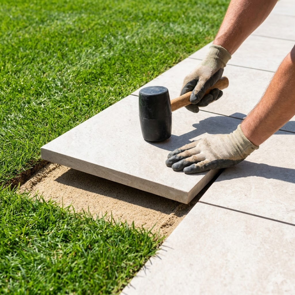 Étape de pose à sec sur gazon d'une dalle de carrelage extérieur en grès cérame à l'aide d'un maillet.