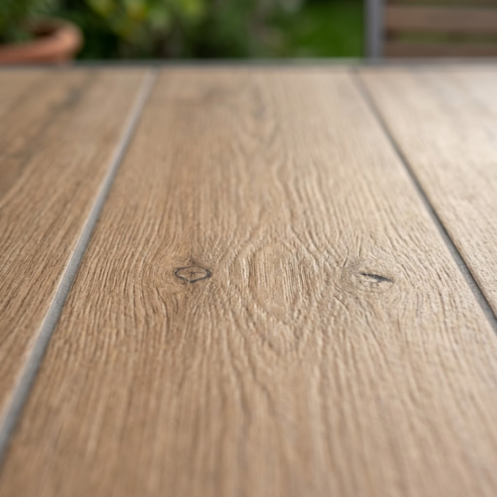Zoom sur des lames de carrelage extérieur grès cérame effet bois texturé.