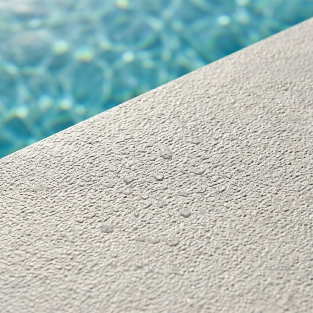 Détail de la texture rugueuse d'une margelle piscine antidérapante en grès cérame de classe C et R11.