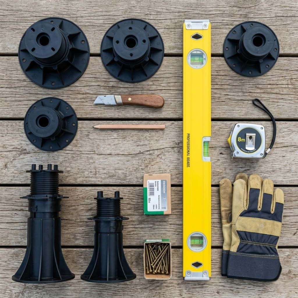 Matériel nécessaire pour installer une terrasse : niveau à bulle, plots réglables noirs et gants de protection.