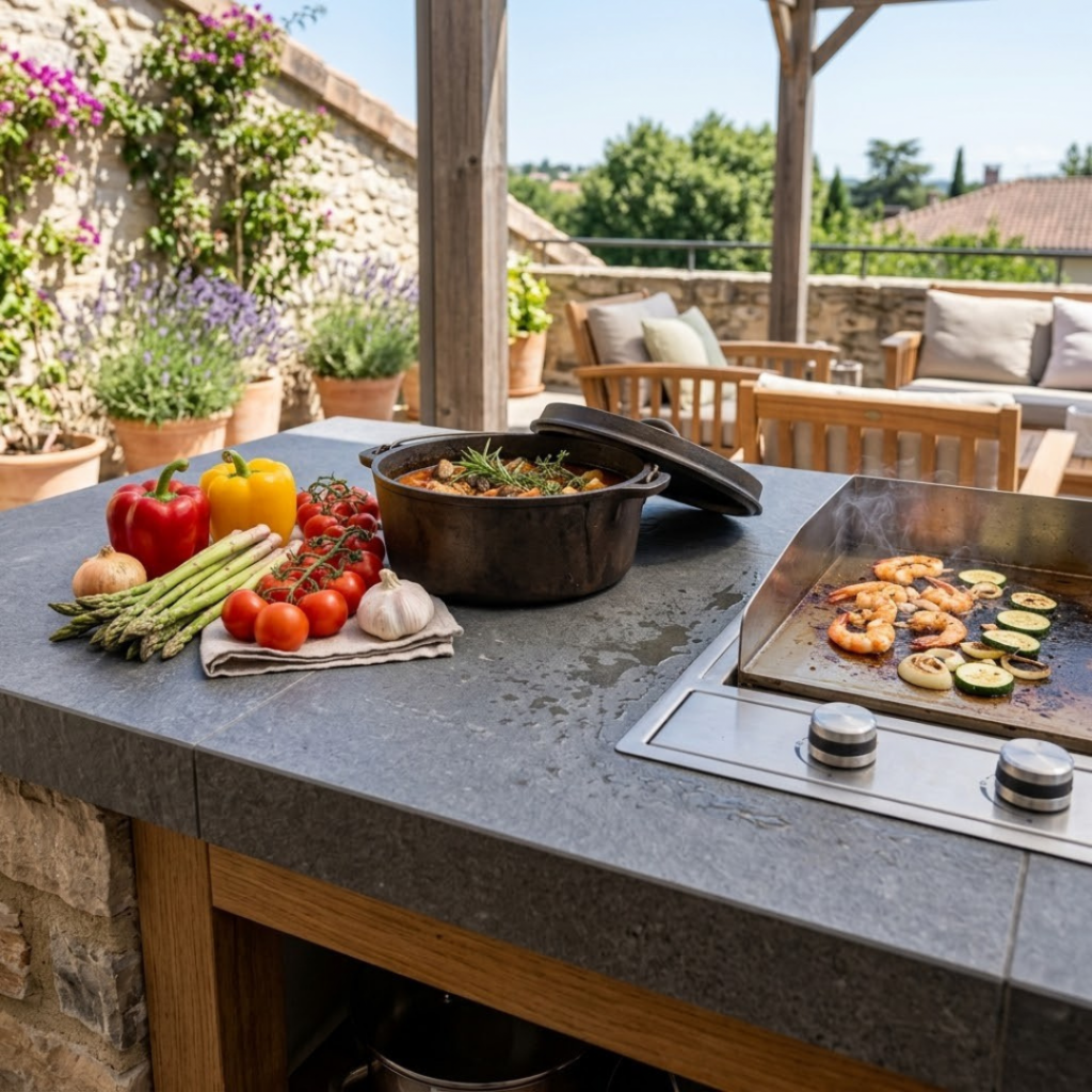 Plan de travail carrelé extérieur en grès cérame pleine masse, un carrelage cuisine d'extérieur robuste pour résister aux chocs et aux températures extrêmes.