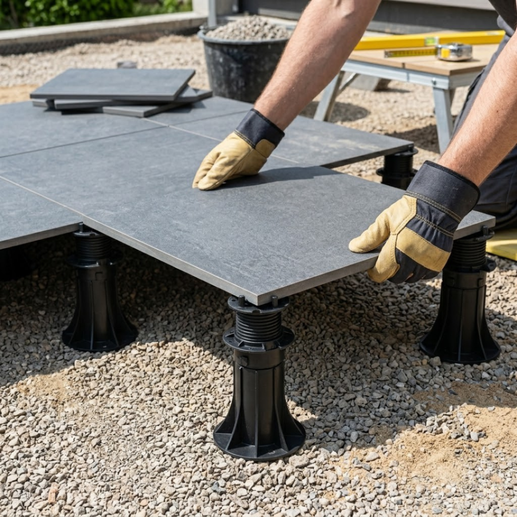 Installation pas à pas d'une dalle grès cérame sur un plot réglable autonivelant.