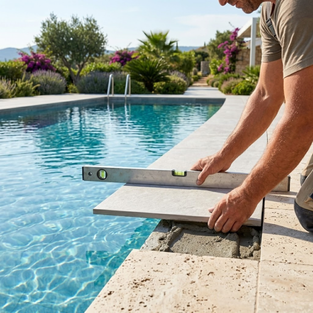Artisan réalisant la pose margelle piscine avec précision, en respectant le débord et l'inclinaison pour une finition parfaite.
