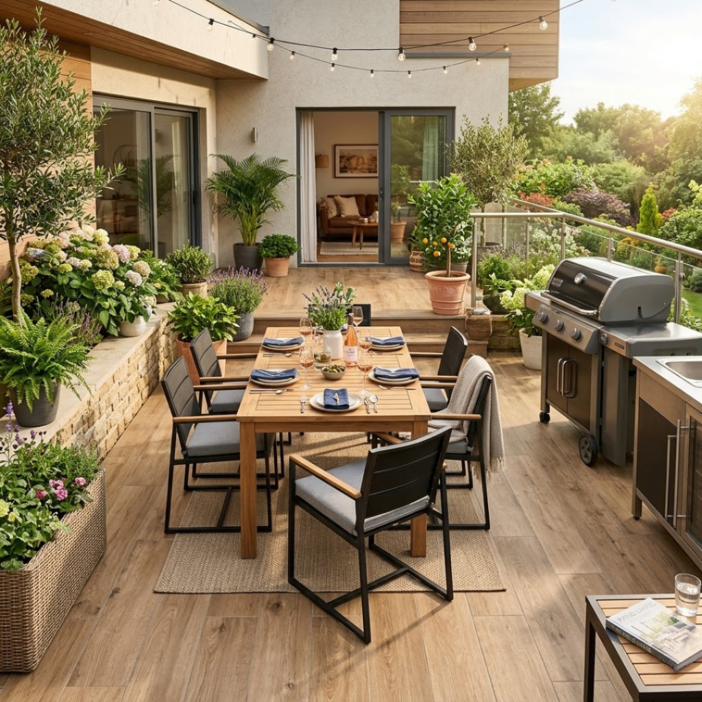 Terrasse en carrelage imitation bois facile à nettoyer après un repas en extérieur.