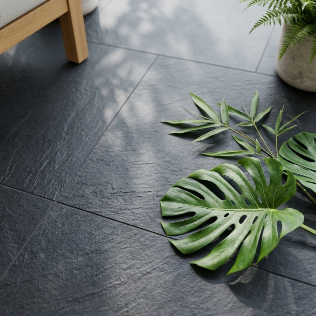 Détail d'un aménagement de terrasse noire mettant en valeur le feuillage vert vif d'une plante exotique.