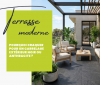 Contraste entre un carrelage extérieur anthracite effet ardoise et des plantes vertes sur une terrasse moderne.