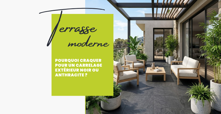 Contraste entre un carrelage extérieur anthracite effet ardoise et des plantes vertes sur une terrasse moderne.