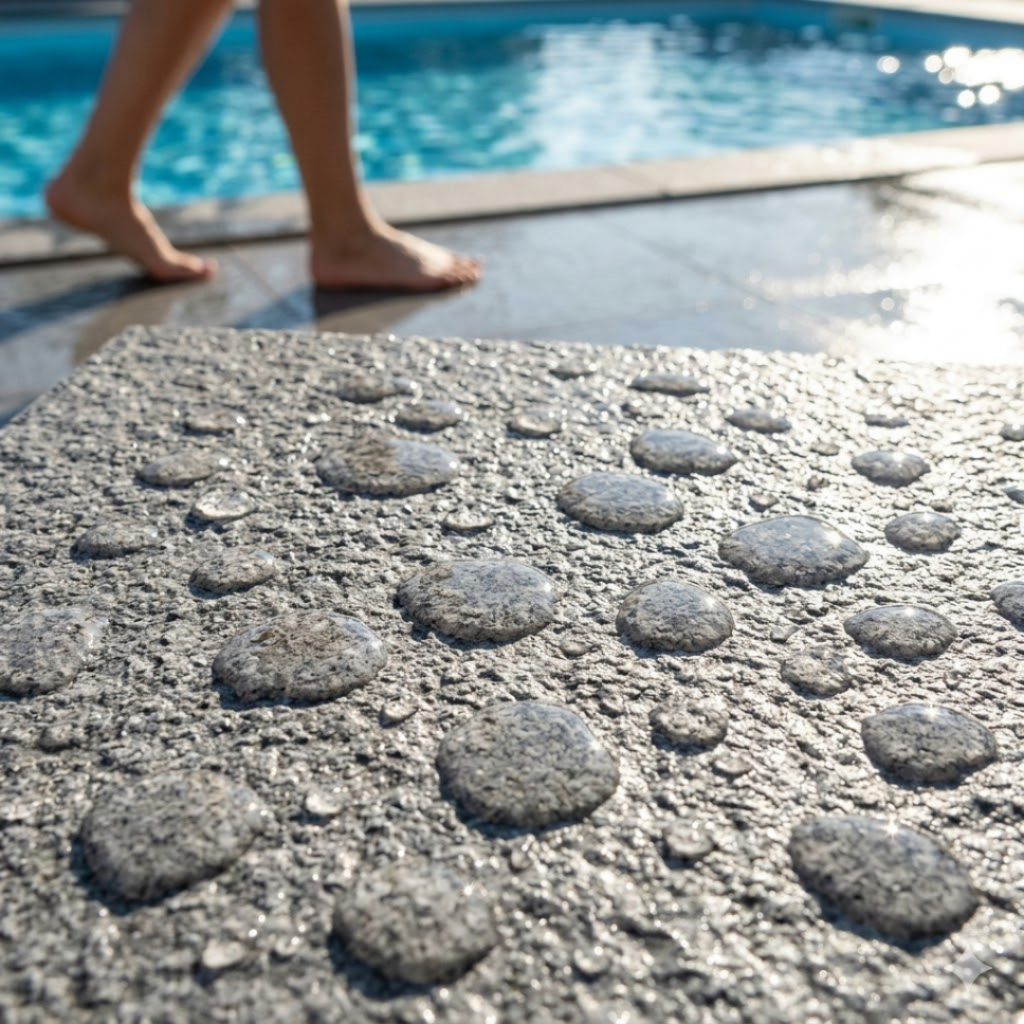 Carrelage extérieur antidérapant norme R11 assurant la sécurité autour d'une piscine.