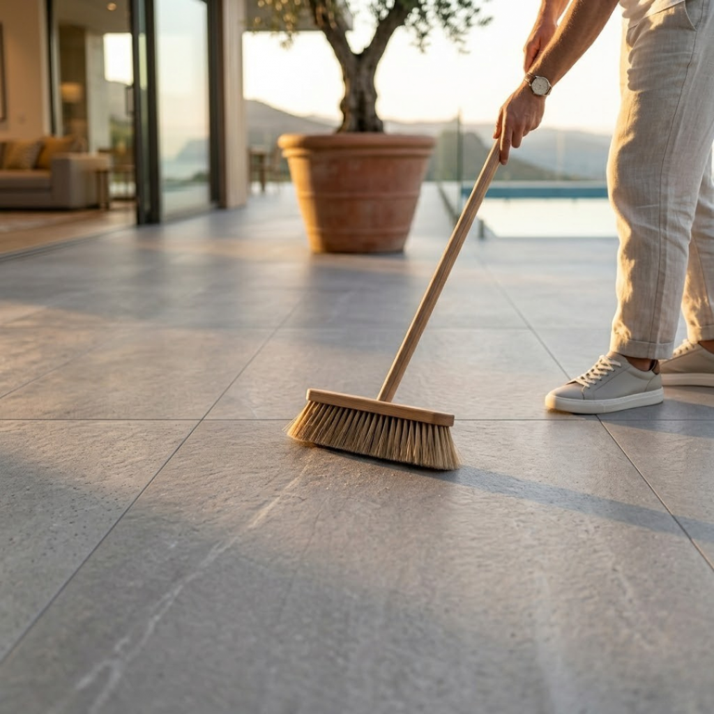Nettoyage facile d'un carrelage terrasse grand format avec très peu de joints.