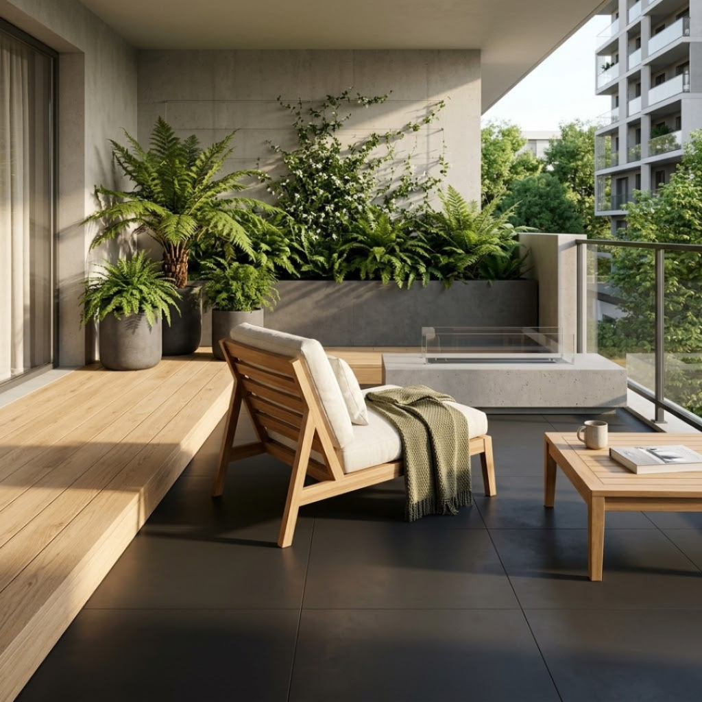 Association élégante entre des dalles de terrasse couleur carbone et du mobilier en bois clair.