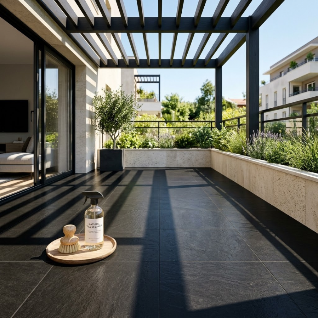 Nettoyage facile et entretien d'un carrelage de terrasse noir avec des produits naturels.