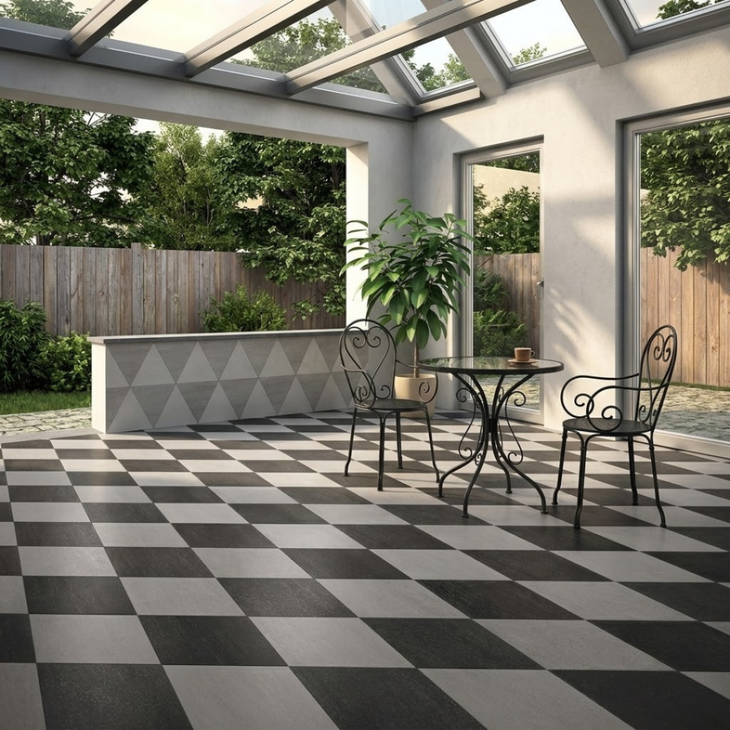 Idée déco terrasse moderne avec petite table de bistrot en fer forgé posée sur un carrelage damier.