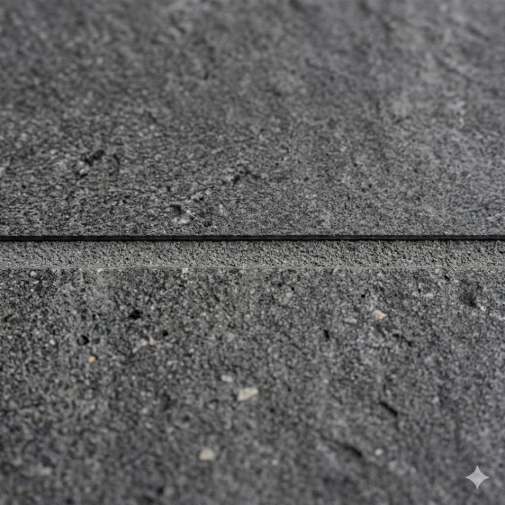 Détail d'un joint fin de 2 mm sur un carrelage extérieur rectifié.