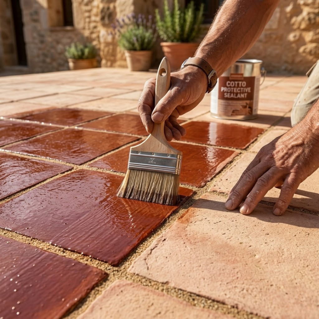 Artisan appliquant un traitement hydrofuge sur un carrelage terre cuite extérieur.