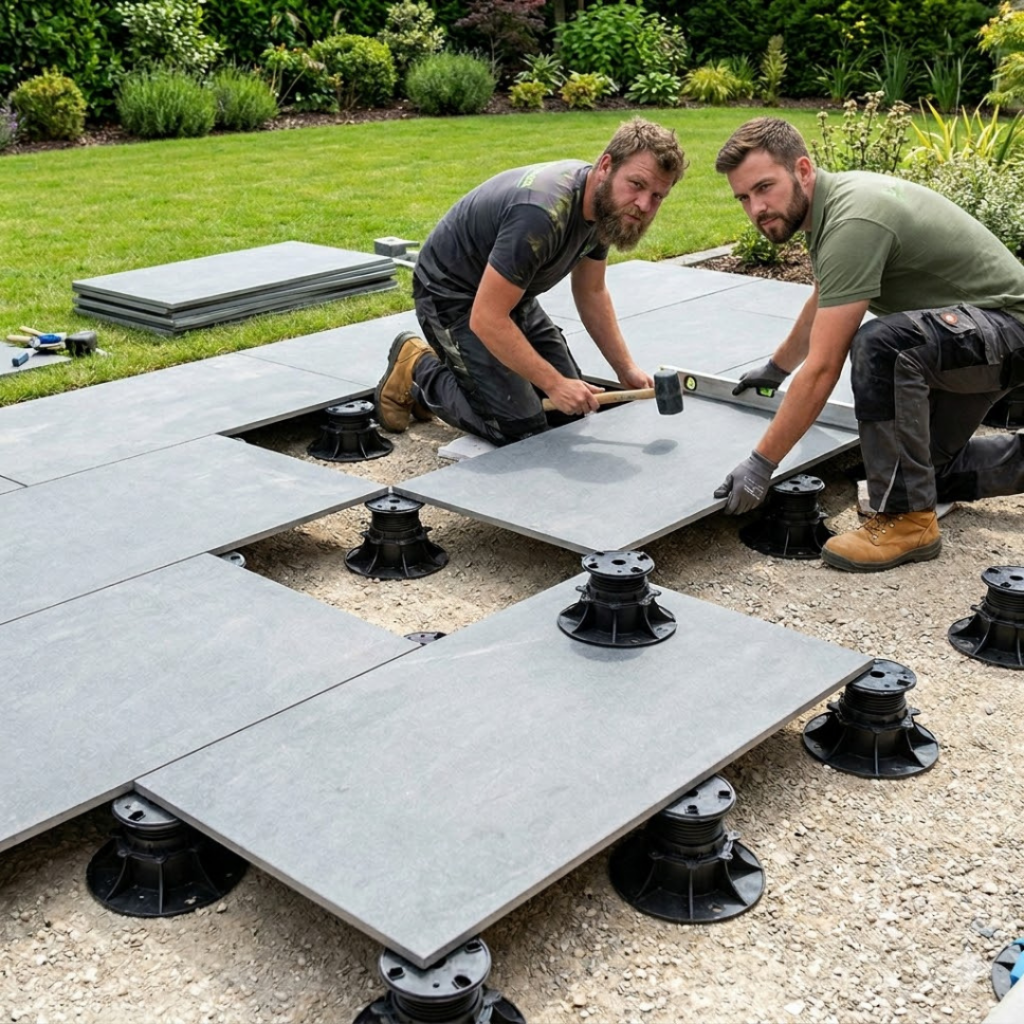 Pose d'un carrelage XXL extérieur de 20 mm d'épaisseur sur plots réglables.