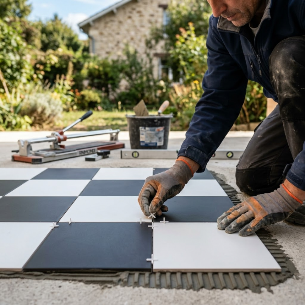 Pose d'un carrelage extérieur damier noir et blanc en grès cérame résistant au gel et antidérapant.