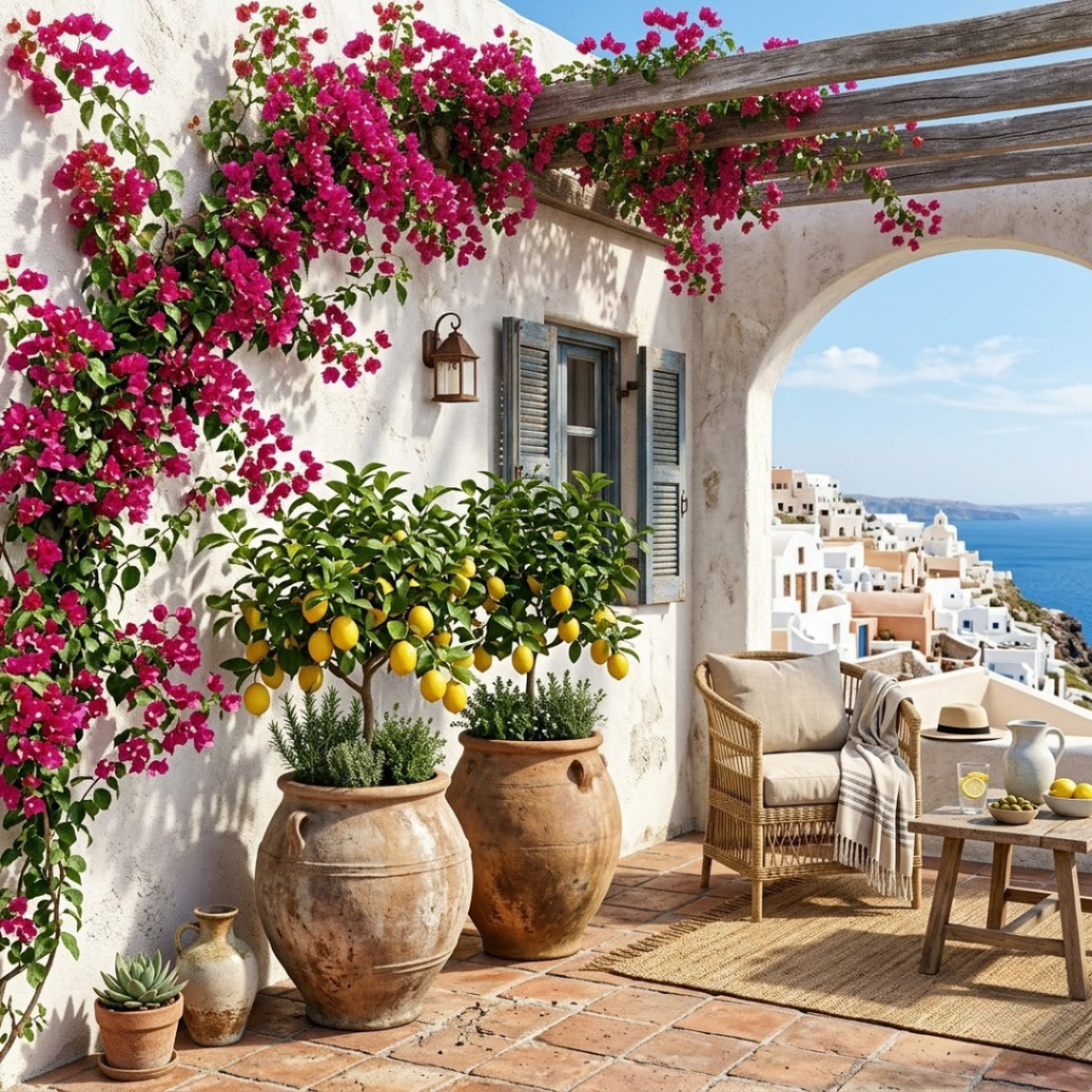 Aménagement végétal d'un patio style ibiza avec pots en argile sur sol extérieur méditerranéen avec carrelage cotto terre cuite