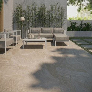 Carrelage extérieur effet pierre beige 20mm - 90x90 - Halley Taupe