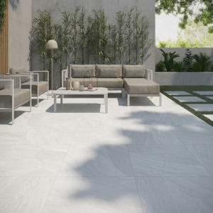 Carrelage extérieur effet pierre blanche 20mm - 90x90 - Halley White