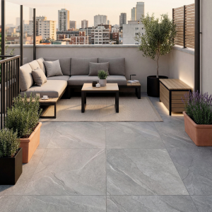 Carrelage extérieur effet pierre grise 20mm - 60x90 - Halley Silver