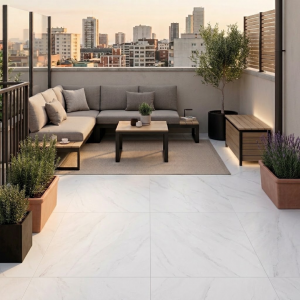 Carrelage extérieur effet pierre blanche 20mm - 60x90 - Halley White