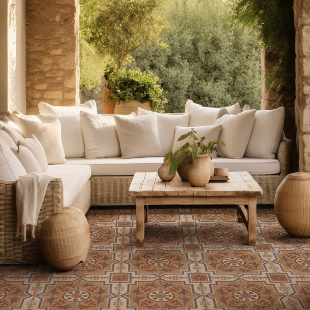 Revêtement de sol avec des carreaux de ciment extérieur formant un motif géométrique pour délimiter l'espace terrasse.