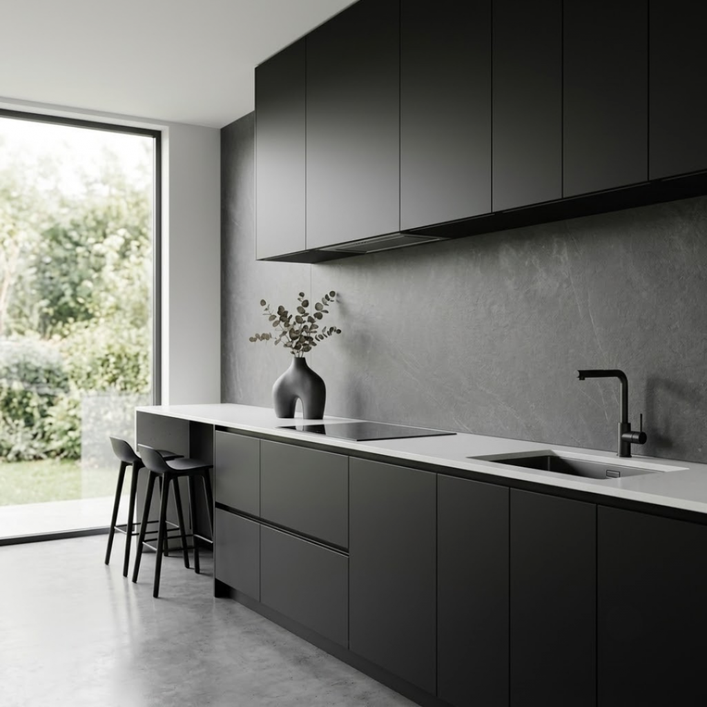 Cuisine contemporaine minimaliste équipée d'une crédence sans joint en grès cérame grand format.
