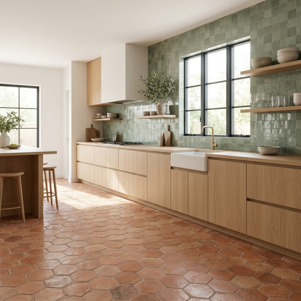 Aménagement de cuisine associant un sol rustique en terracotta et une crédence lumineuse en carrelage vert sauge.