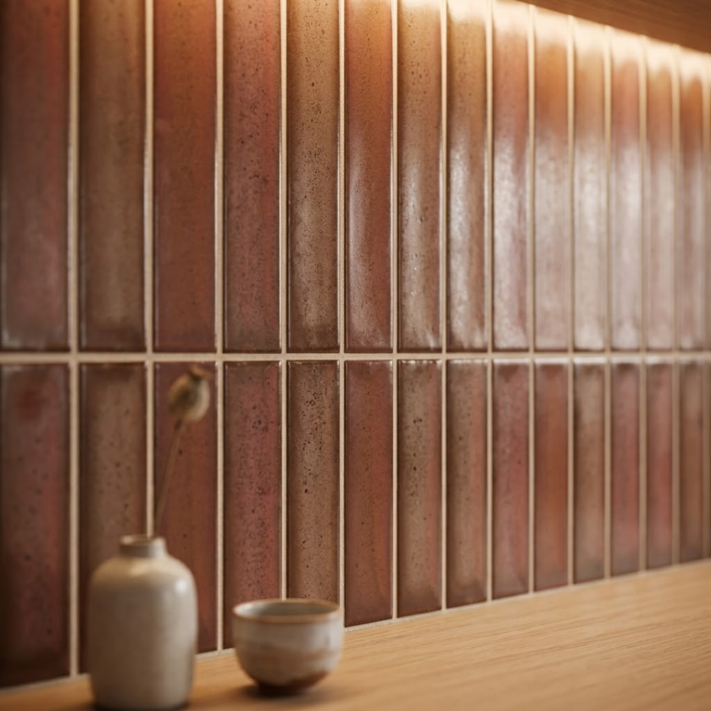 Gros plan sur une crédence de cuisine en mosaïque Kit Kat de couleur terracotta avec des joints époxy parfaits.