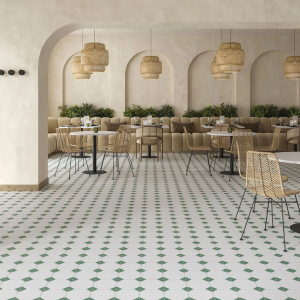 Carreau de ciment effet damier blanc vert - 33x33 -  Canterbury Green