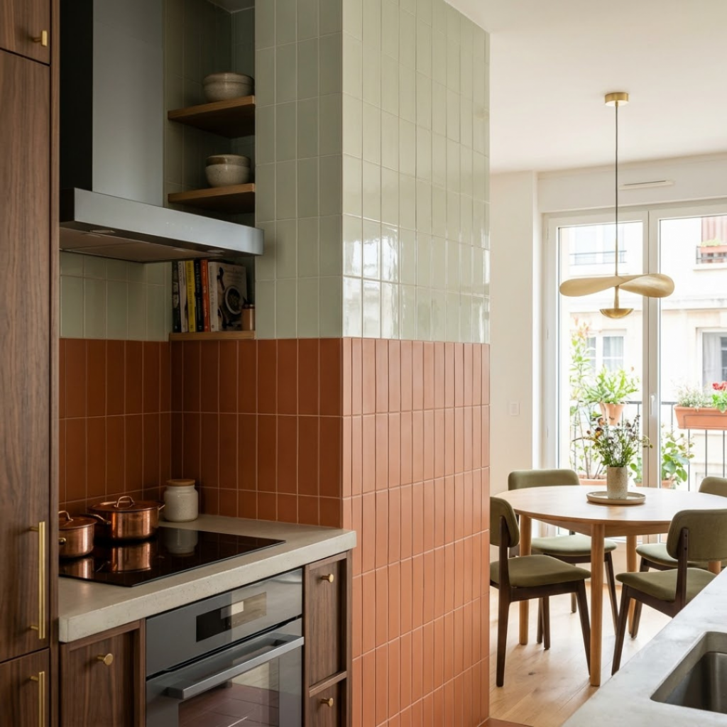 Mur de cuisine bicolore délimitant l'espace : soubassement en carrelage rectangulaire terracotta posé à la verticale et partie haute en faïence vert sauge.