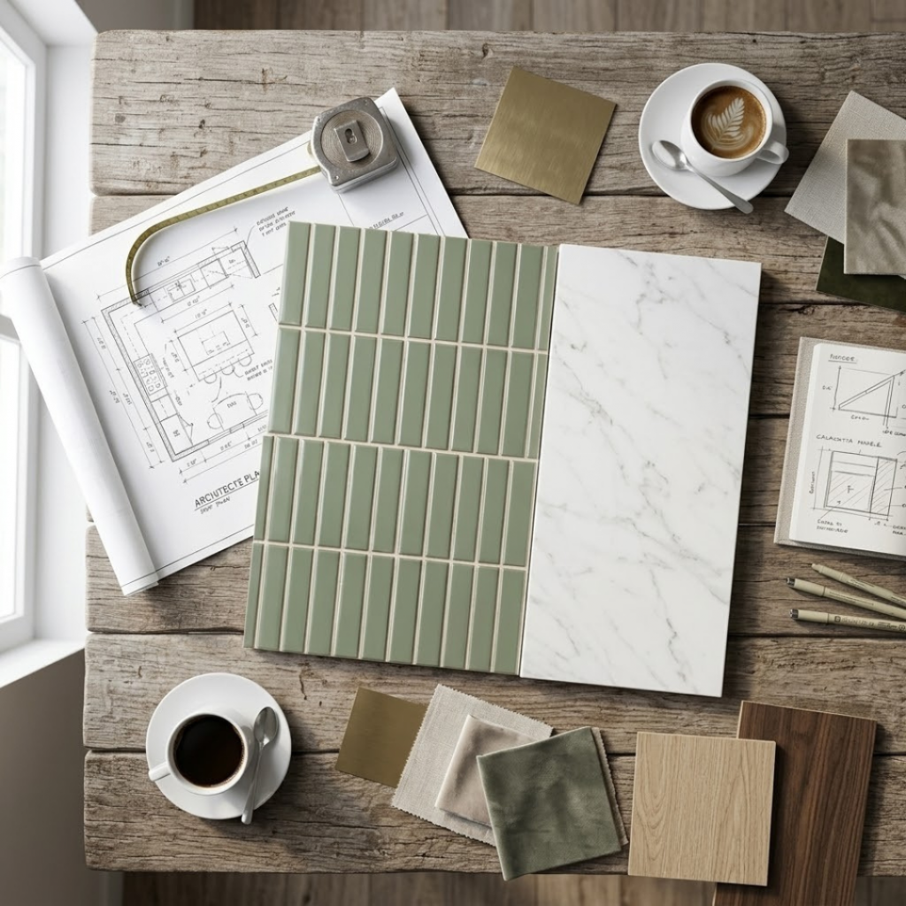 Moodboard d'architecte d'intérieur sur une table en bois, comparant des échantillons de mosaïque Kit Kat et de carrelage grand format pour concevoir une cuisine.