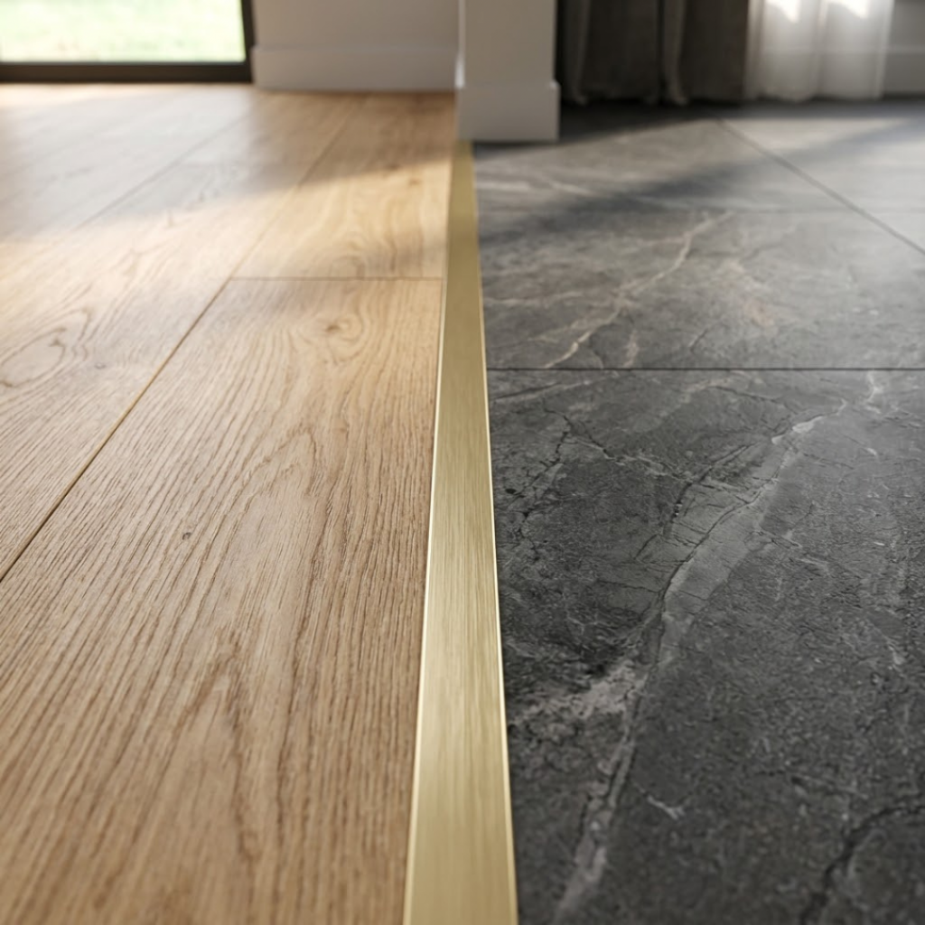 Détail technique pour associer deux carrelages différents avec un profilé de finition discret entre le bois et la pierre.