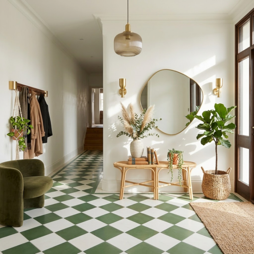 Carrelage damier vert et blanc avec un banc en rotin dans une entrée lumineuse.
