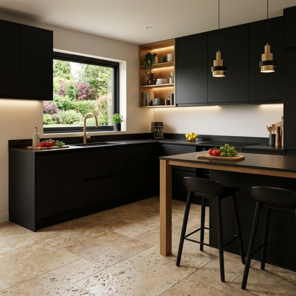ssociation élégante de meubles de cuisine noir mat avec un sol en carrelage effet travertin et une robinetterie en laiton.