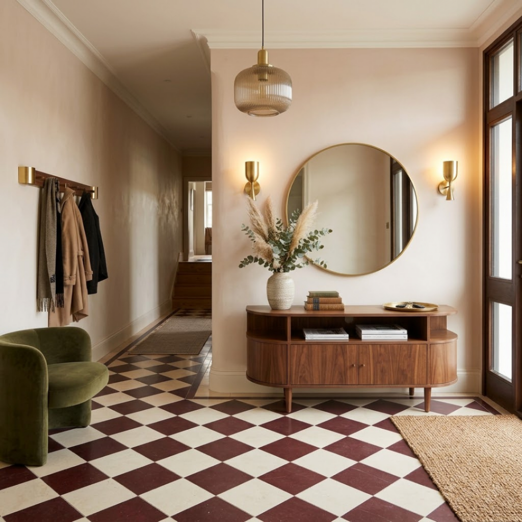 Sol damier crème et bordeaux dans une entrée avec console en noyer.