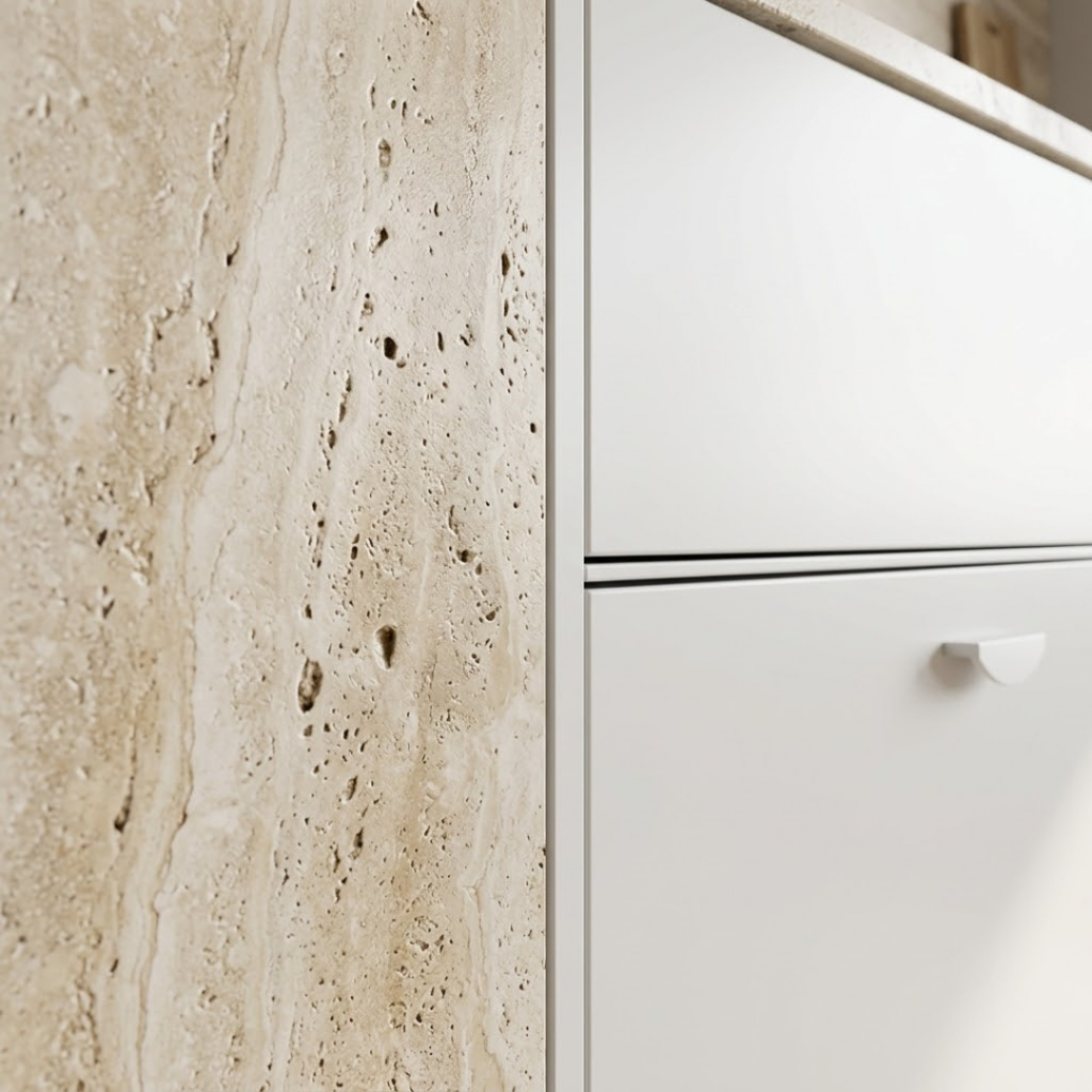 Détail de la texture ultra-réaliste d'un carrelage effet travertin posé à côté d'un meuble de cuisine blanc et épuré.