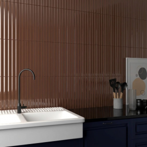Carrelage mural cannelé effet tasseaux bordeaux brillant  - 10x40 - Reeded ginger gloss