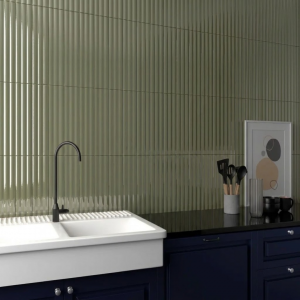 Carrelage mural cannelé effet tasseaux vert olive brillant  - 10x40 - Reeded olive gloss