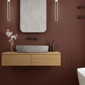 Carrelage mural cannelé effet tasseaux bordeaux mate - 10x40 - Reeded ginger matt