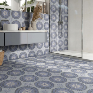 Carrelage effet ciment bleu pastel motif rosace florale -  20x20 - Decor Water