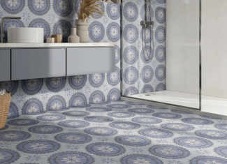 Carrelage effet ciment bleu pastel motif rosace florale –  20×20 – Decor Water