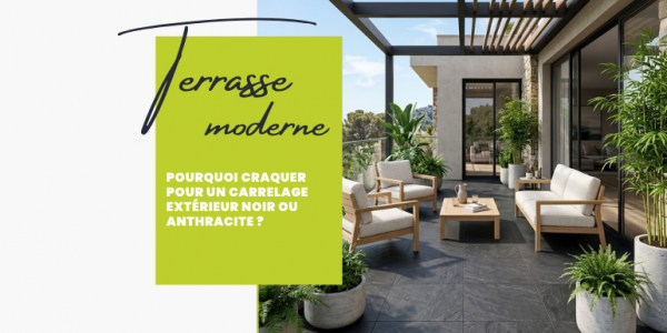 Contraste entre un carrelage extérieur anthracite effet ardoise et des plantes vertes sur une terrasse moderne.